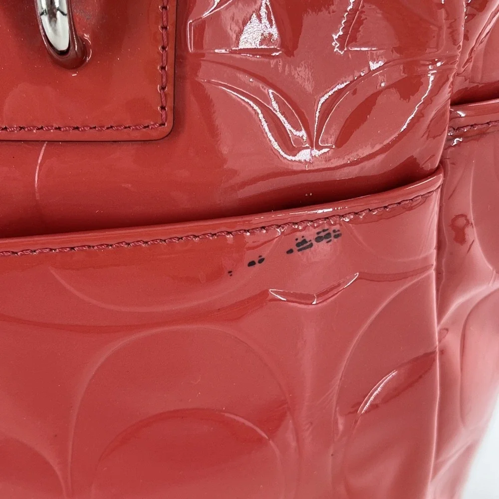 Coach Signature Embossed Patent Leather Coral Orange Satchel Tote Coral Orange